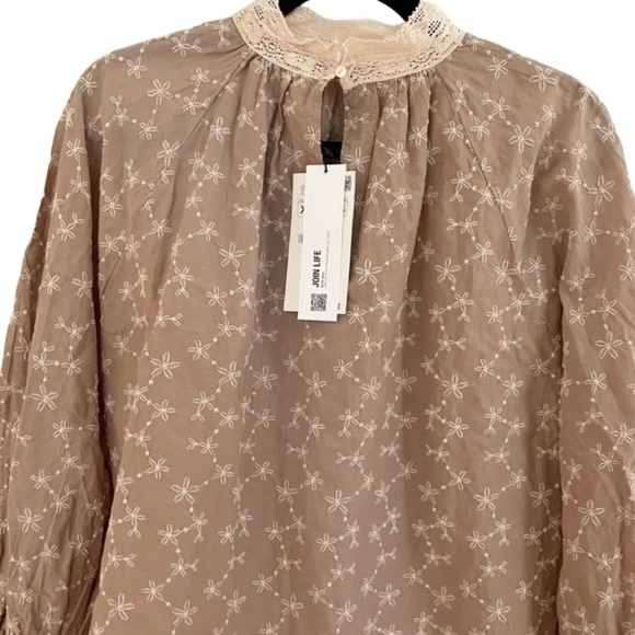 NEW Zara Beige Peasant Blouse with Balloon Sleeve Embroidered High Neck Blouse - Picture 7 of 8